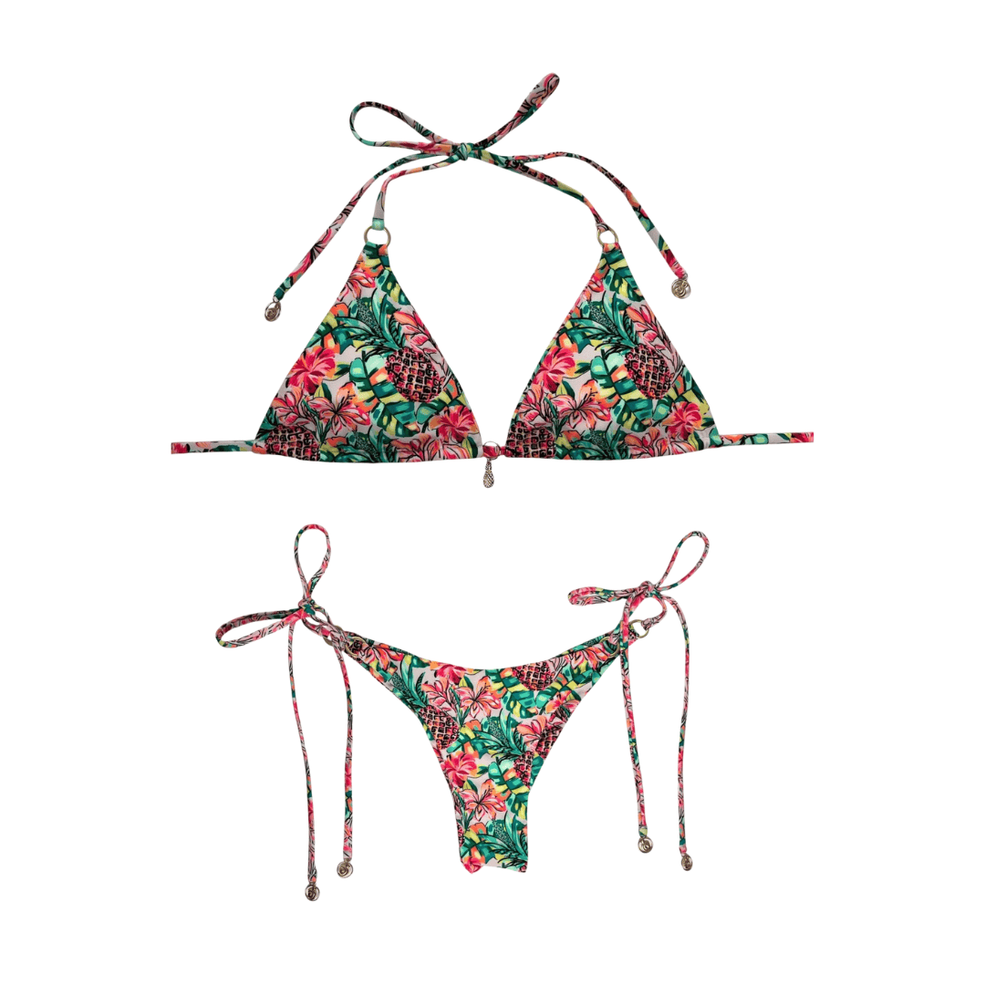Berry Beachy Swimwear Apparel & Accessories > Clothing > Swimwear Print / Extra Small / Extra Small Pineapple Bloom Triangle Top & Tie Side Ruched Cheeky Bottom Bikini Swimsuit (Plus Sizes Available) Pineapple Bloom Triangle Top Tie Side Cheeky Bottom Swimsuit