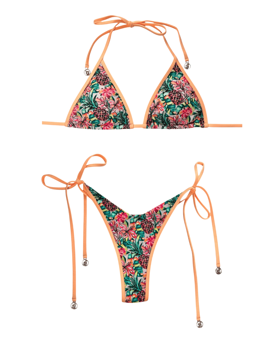 Berry Beachy Swimwear Apparel & Accessories > Clothing > Swimwear Print / Extra Small / Extra Small Pineapple Bloom Triangle Top & Tie Side V-Cut Thong Bottom Bikini Swimsuit (Plus Sizes Available) Pineapple Bloom Triangle Top Tie Side Thong Bottom Swimsuit