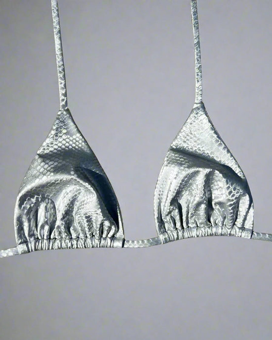 Load image into Gallery viewer, Berry Beachy Swimwear Apparel &amp;amp; Accessories &amp;gt; Clothing &amp;gt; Swimwear Wet Black Slyther Snake Print Triangle Top &amp;amp; Cheeky Scrunch Bottom Bikini Swimsuit (Also Plus Size) Wet Black Slyther Triangle Top &amp;amp; Cheeky Scrunch Bottom Swimsuit

