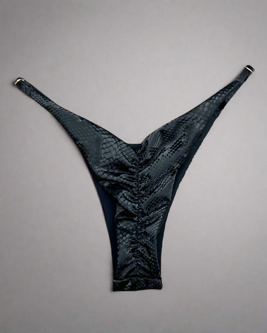 Berry Beachy Swimwear Apparel & Accessories > Clothing > Swimwear Wet Black Slyther Snake Print Triangle Top & Cheeky Scrunch Bottom Bikini Swimsuit (Also Plus Size) Wet Black Slyther Triangle Top & Cheeky Scrunch Bottom Swimsuit
