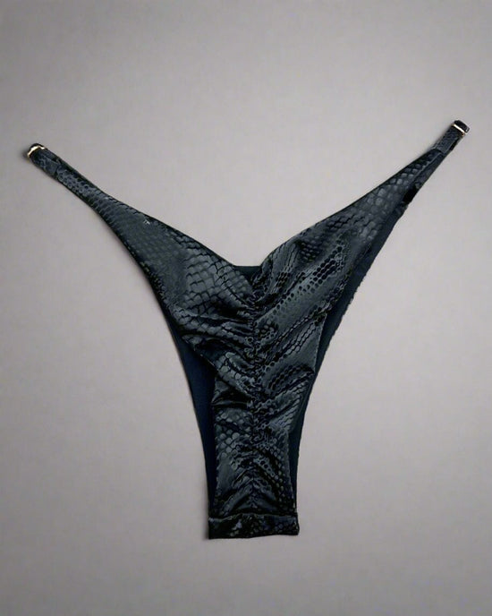 Berry Beachy Swimwear Apparel & Accessories > Clothing > Swimwear Wet Black Slyther Snake Print Triangle Top & Cheeky Scrunch Bottom Bikini Swimsuit (Also Plus Size) Wet Black Slyther Triangle Top & Cheeky Scrunch Bottom Swimsuit