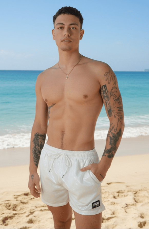 Berry Beachy Swimwear Apparel & Accessories > Clothing > Swimwear White / 5.5" Inseam / Small Men's White Viper Print 4-Way Stretch Fabric Swim Trunk 5.5" & 7.5" Inseam Papi Swim Men's Viper Print Swim Trunks Board Shorts