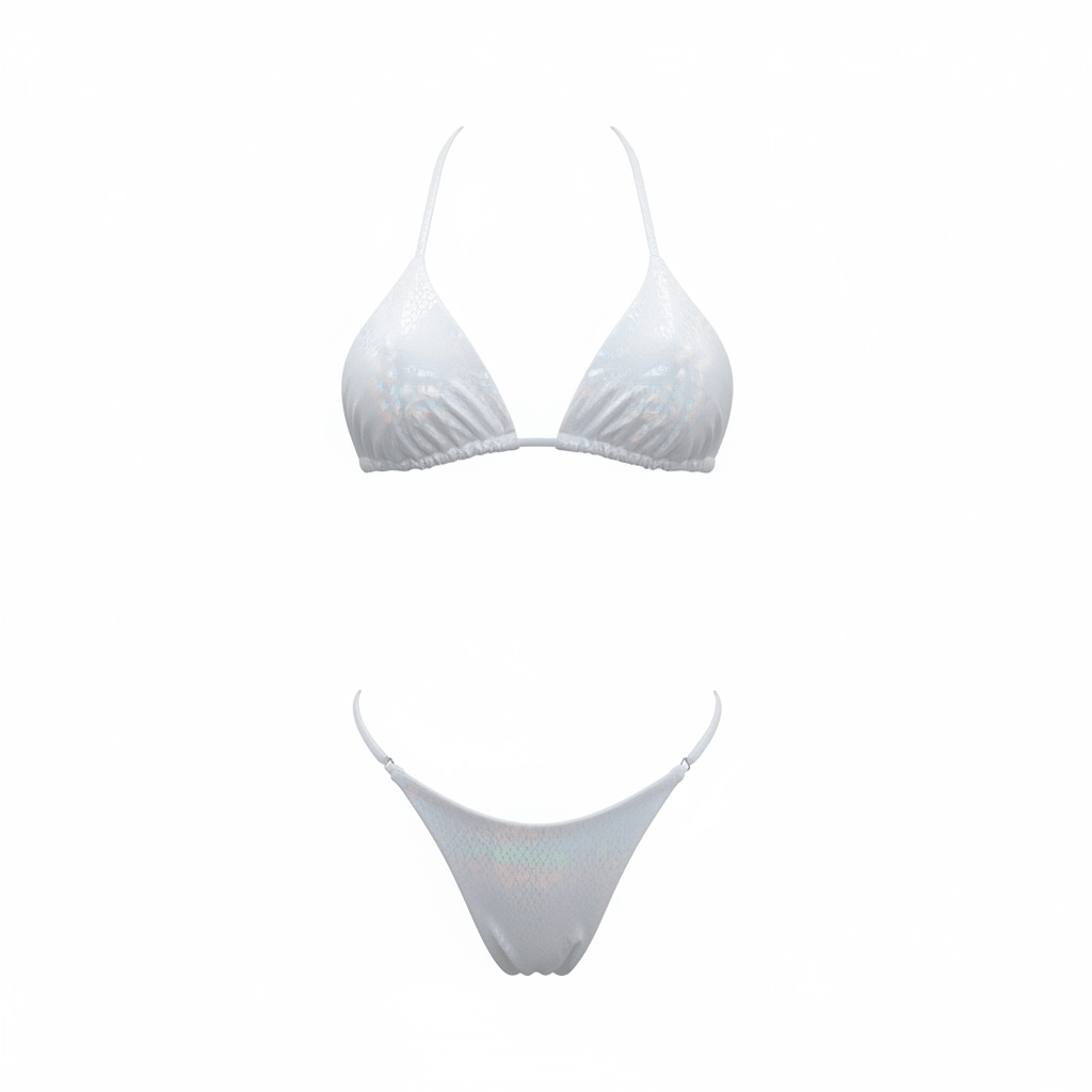 Berry Beachy Swimwear Apparel & Accessories > Clothing > Swimwear White Viper Triangle Top & G-String Thong Bottom Bikini Swimsuit (Plus Sizes Available) White Triangle Top & Tie Side Cheeky Bottom Bikini Swimsuit