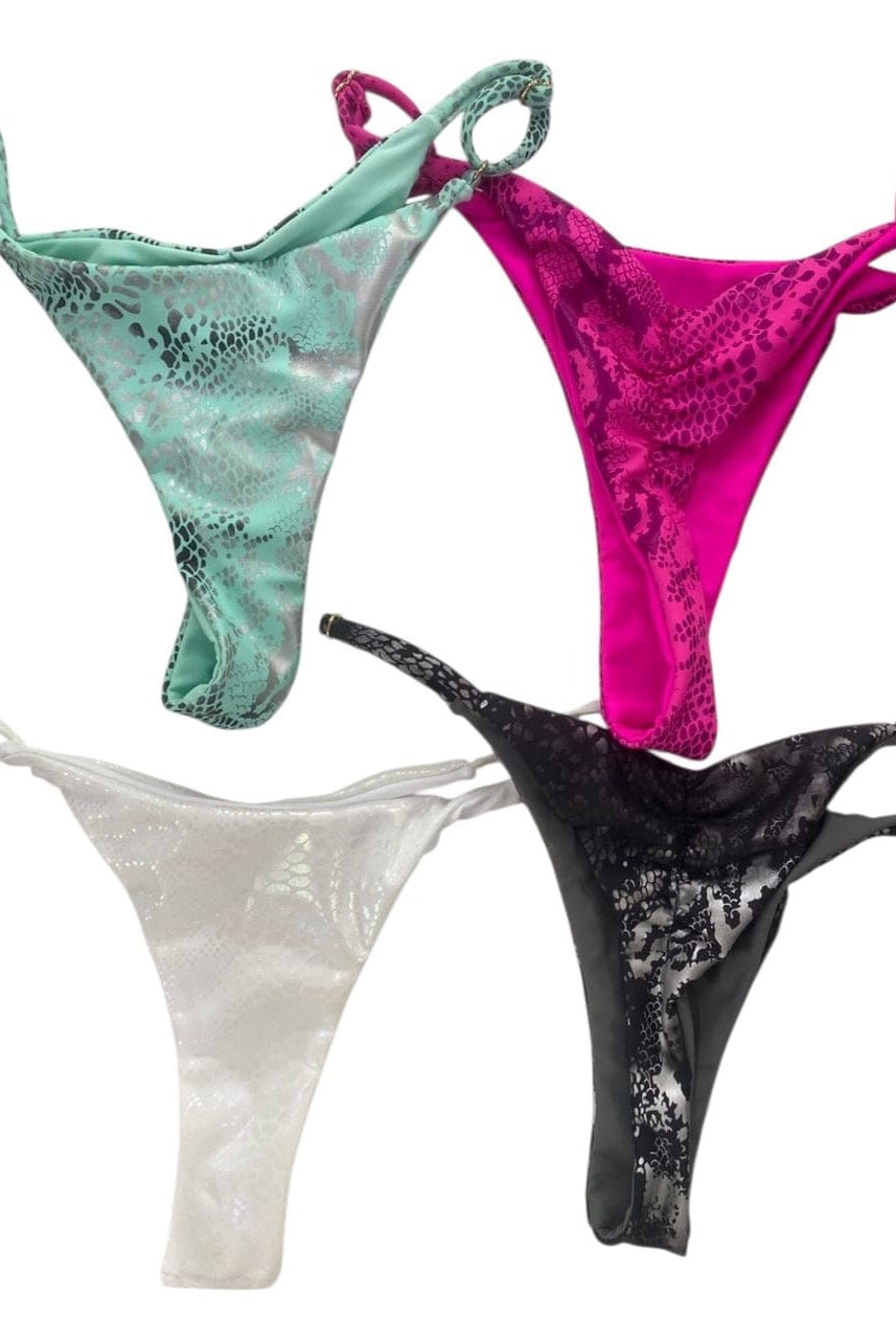 Berry Beachy Swimwear Apparel & Accessories > Clothing > Swimwear White Viper Triangle Top & G-String Thong Bottom Bikini Swimsuit (Plus Sizes Available) White Triangle Top & Tie Side Cheeky Bottom Bikini Swimsuit