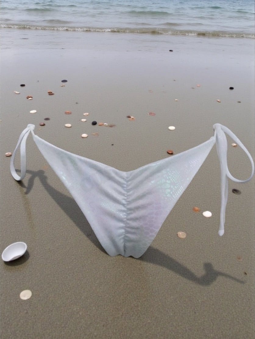 Berry Beachy Swimwear Apparel & Accessories > Clothing > Swimwear White Viper Triangle Top & Tie Side Cheeky Scrunch Bottom Bikini Swimsuit (Plus Sizes Available) White Triangle Top & Tie Side Cheeky Bottom Bikini Swimsuit