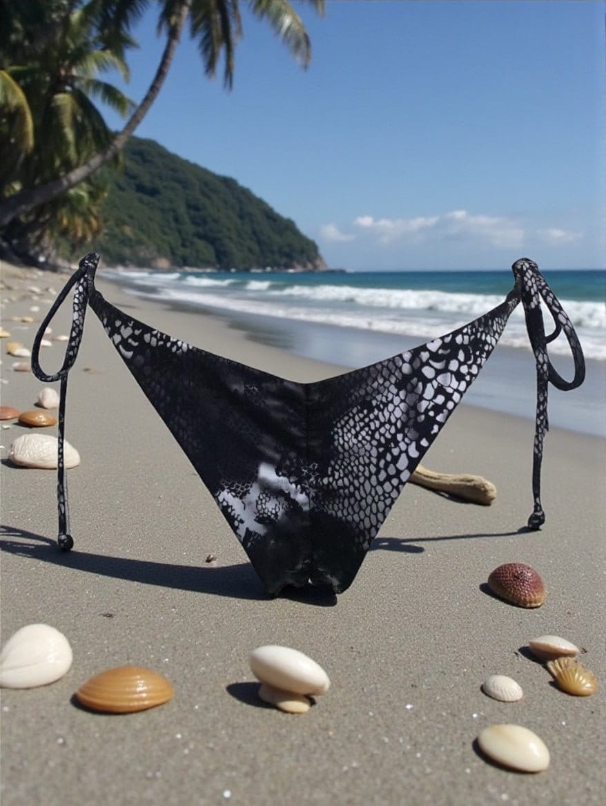 Berry Beachy Swimwear Apparel & Accessories > Clothing > Swimwear White Viper Triangle Top & Tie Side Cheeky Scrunch Bottom Bikini Swimsuit (Plus Sizes Available) White Triangle Top & Tie Side Cheeky Bottom Bikini Swimsuit