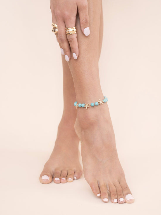 Ettika Anklets Turquoise with 18k Gold Plating / One Size Starfish and Turquoise Beaded Anklet Starfish and Turquoise Beaded Anklet