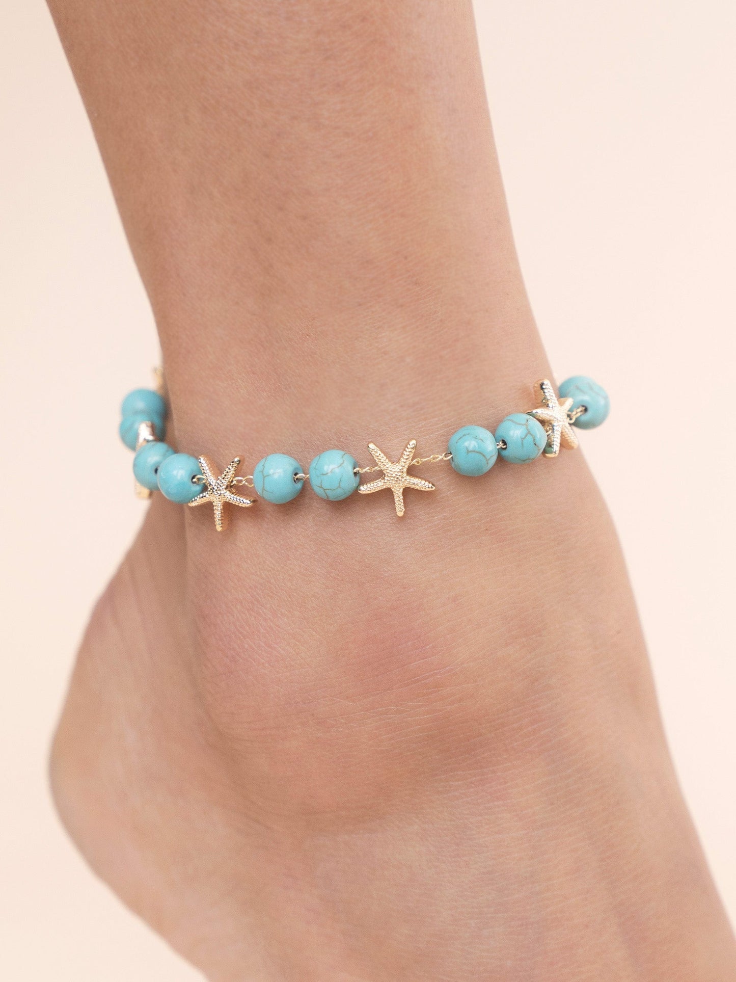 Ettika Anklets Turquoise with 18k Gold Plating / One Size Starfish and Turquoise Beaded Anklet Starfish and Turquoise Beaded Anklet