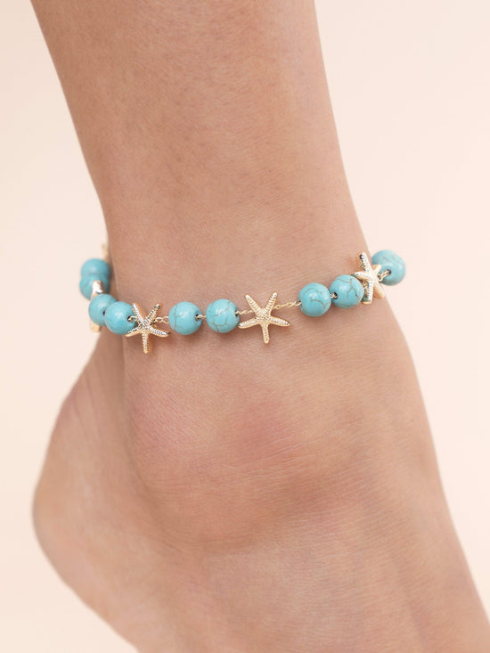 Ettika Anklets Turquoise with 18k Gold Plating / One Size Starfish and Turquoise Beaded Anklet Starfish and Turquoise Beaded Anklet