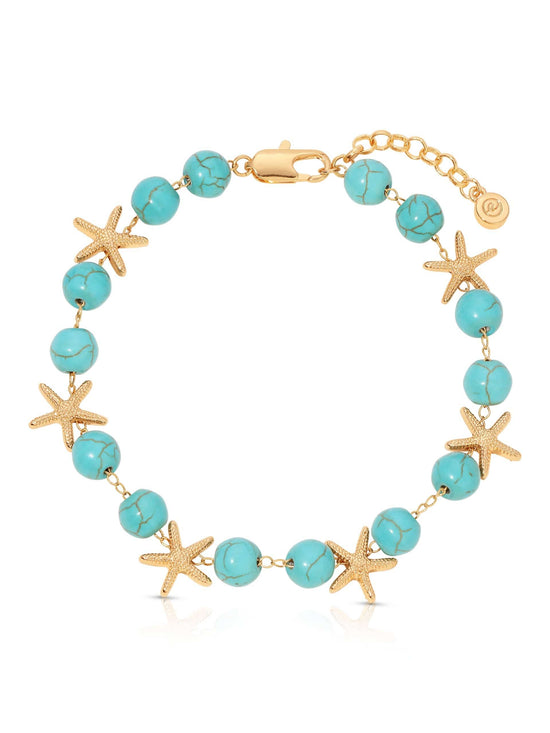 Ettika Anklets Turquoise with 18k Gold Plating / One Size Starfish and Turquoise Beaded Anklet Starfish and Turquoise Beaded Anklet