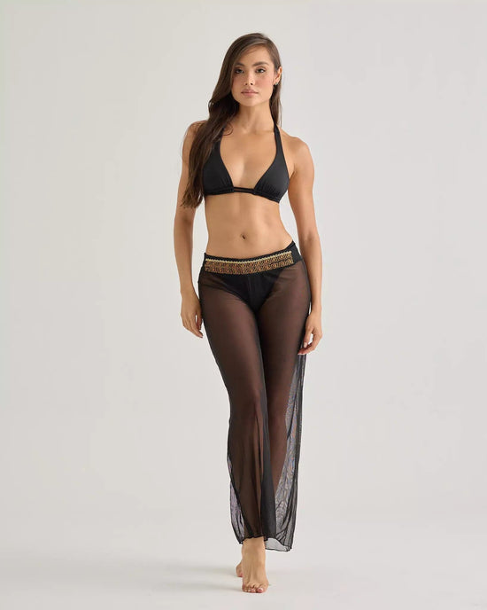 Lateen Swimwear Apparel & Accessories > Clothing > Swimwear Black Embroidered Mesh Luxury Designer Swimsuit Cover-Up Beach Resort Pants Black Embroidered Mesh Designer Swimsuit Cover-Up Pants