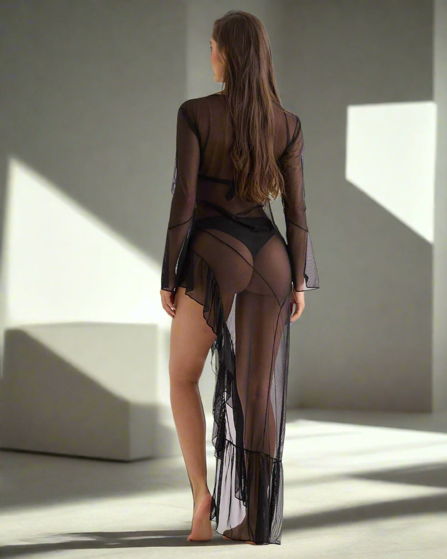 Lateen Swimwear Apparel & Accessories > Clothing > Swimwear Black Mesh Long Sleeve Asymmetrical Ruffle Trim  Maxi Cover-Up Dress Black Mesh Long Sleeve Ruffle Trim  Maxi Cover-Up Dress