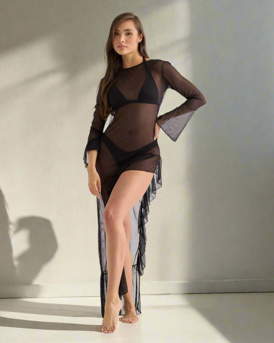 Lateen Swimwear Apparel & Accessories > Clothing > Swimwear Black / Small Black Mesh Long Sleeve Asymmetrical Ruffle Trim  Maxi Cover-Up Dress Black Mesh Long Sleeve Ruffle Trim  Maxi Cover-Up Dress