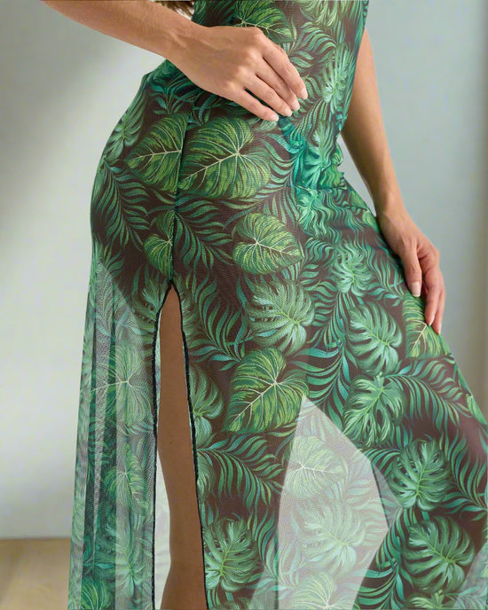 Lateen Swimwear Apparel & Accessories > Clothing > Swimwear Green Tropic Print Cutout Sheer Mesh Halter Maxi Swimsuit Cover-Up Dress Green Tropic Cutout Sheer Mesh Halter Maxi Cover-Up Dress