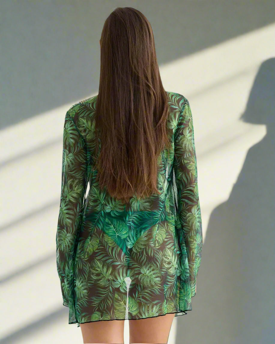 Lateen Swimwear Apparel & Accessories > Clothing > Swimwear Green Tropic Print Mesh Long Sleeve Designer Cardigan Cover-Up Green Tropic Print Mesh Longsleeve Designer Cardigan Cover-Up