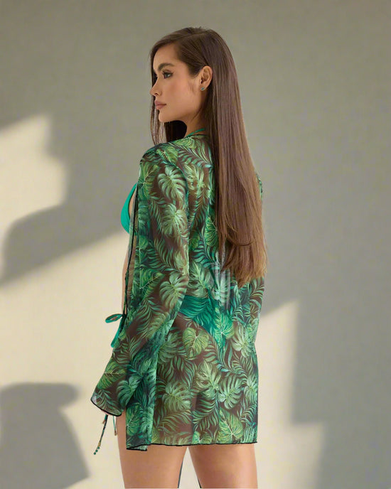 Lateen Swimwear Apparel & Accessories > Clothing > Swimwear Green Tropic Print Mesh Long Sleeve Designer Cardigan Cover-Up Green Tropic Print Mesh Longsleeve Designer Cardigan Cover-Up