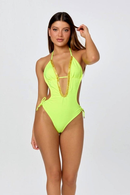 Lateen Swimwear Apparel & Accessories > Clothing > Swimwear Lemon Green Designer Luxury Monokini One Piece Swimsuit 2024 Lemon Green Monokini One Piece Designer Lateen Swimwear