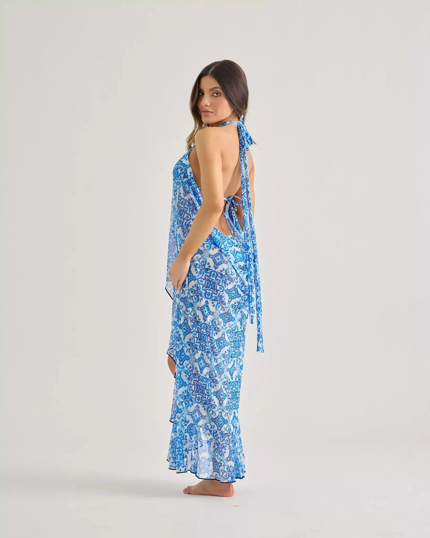 Lateen Swimwear Apparel & Accessories > Clothing > Swimwear Print / One Size Blue & White Greece Vibes Ruffle Trim Tie Beach Swimsuit Resort Cover Up Long Skirt Blue White Greece Vibes Ruffle Beach Swimsuit Cover Up Long Skirt