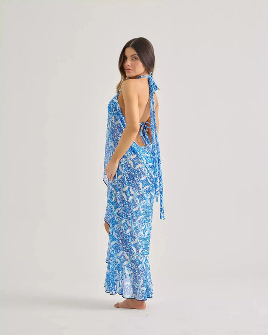 Lateen Swimwear Apparel & Accessories > Clothing > Swimwear Print / One Size Blue & White Greece Vibes Ruffle Trim Tie Beach Swimsuit Resort Cover Up Long Skirt Blue White Greece Vibes Ruffle Beach Swimsuit Cover Up Long Skirt