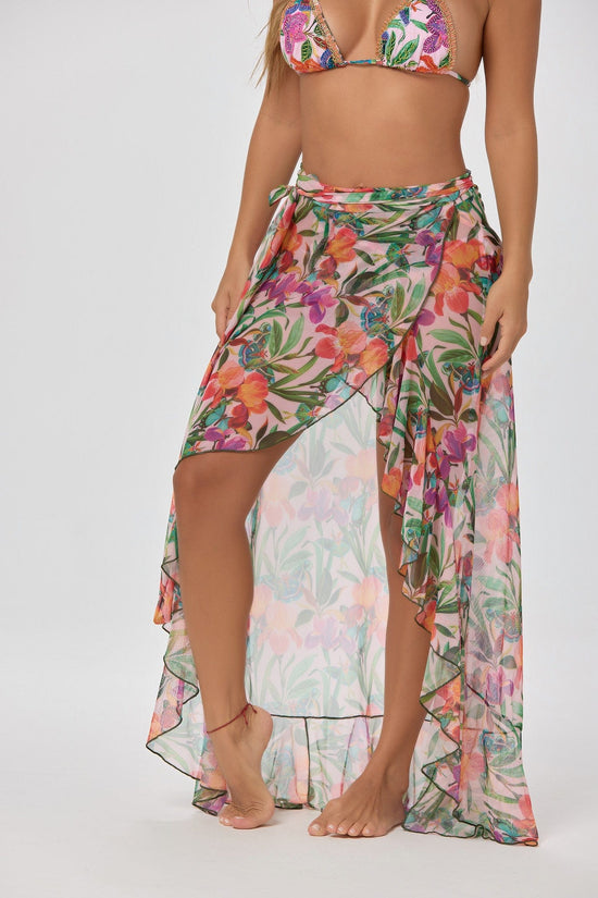 Lateen Swimwear Apparel & Accessories > Clothing > Swimwear Tropical Ruffle Trim Tie Wrap Luxury Designer Sheer Long Skirt 2024 Lateen Swimwear Tropical Ruffle Trim Designer Long Skirt