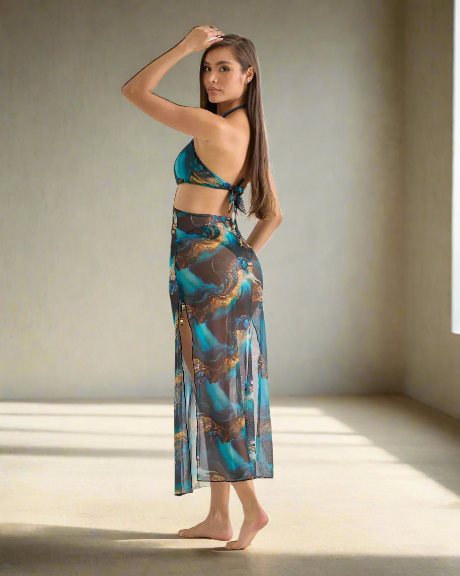 Lateen Swimwear Apparel & Accessories > Clothing > Swimwear Waves Black, Blue, & Gold Print Cutout Mesh Halter Maxi Swimsuit Cover-Up Dress Waves Marmol Print Halter Mesh Maxi Swimsuit Cover-Up Dress