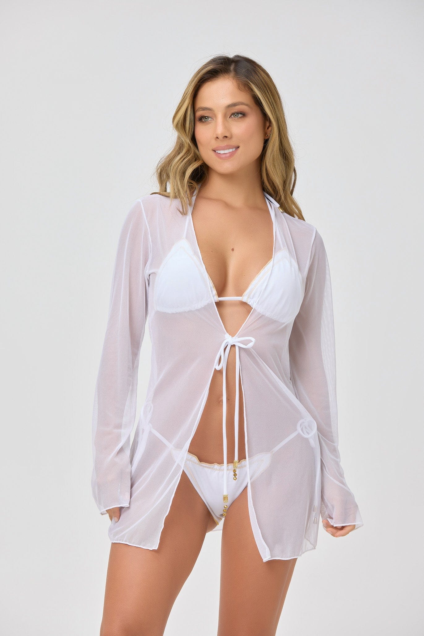 Lateen Swimwear Apparel & Accessories > Clothing > Swimwear White / S/M White Sheer Mesh Designer Luxury Long Sleeve Midi Cardigan 2024 White Sheer Mesh Long Sleeve Midi Cardigan Lateen