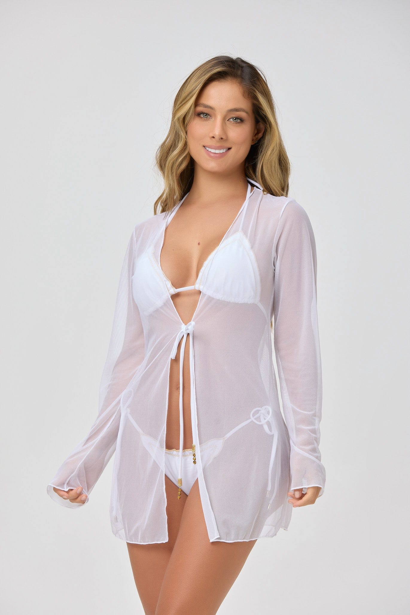 Lateen Swimwear Apparel & Accessories > Clothing > Swimwear White Sheer Mesh Designer Luxury Long Sleeve Midi Cardigan 2024 White Sheer Mesh Long Sleeve Midi Cardigan Lateen