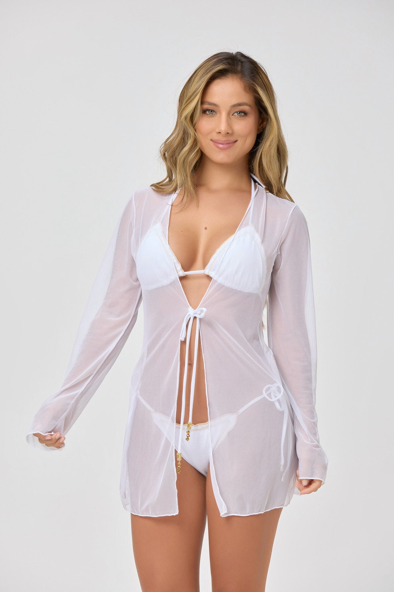 Lateen Swimwear Apparel & Accessories > Clothing > Swimwear White Sheer Mesh Designer Luxury Long Sleeve Midi Cardigan 2024 White Sheer Mesh Long Sleeve Midi Cardigan Lateen