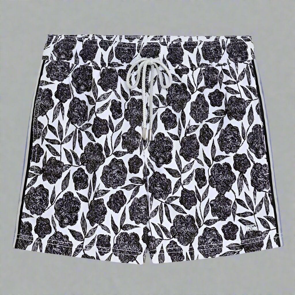 Le Club Apparel & Accessories > Clothing > Shorts 4.25 Inches / Small White & Black Oasis Floral Print Men's Swim Trunk Board Shorts 2024 Le Club Oasis Black & White Floral Men's Swim Trunk Shorts