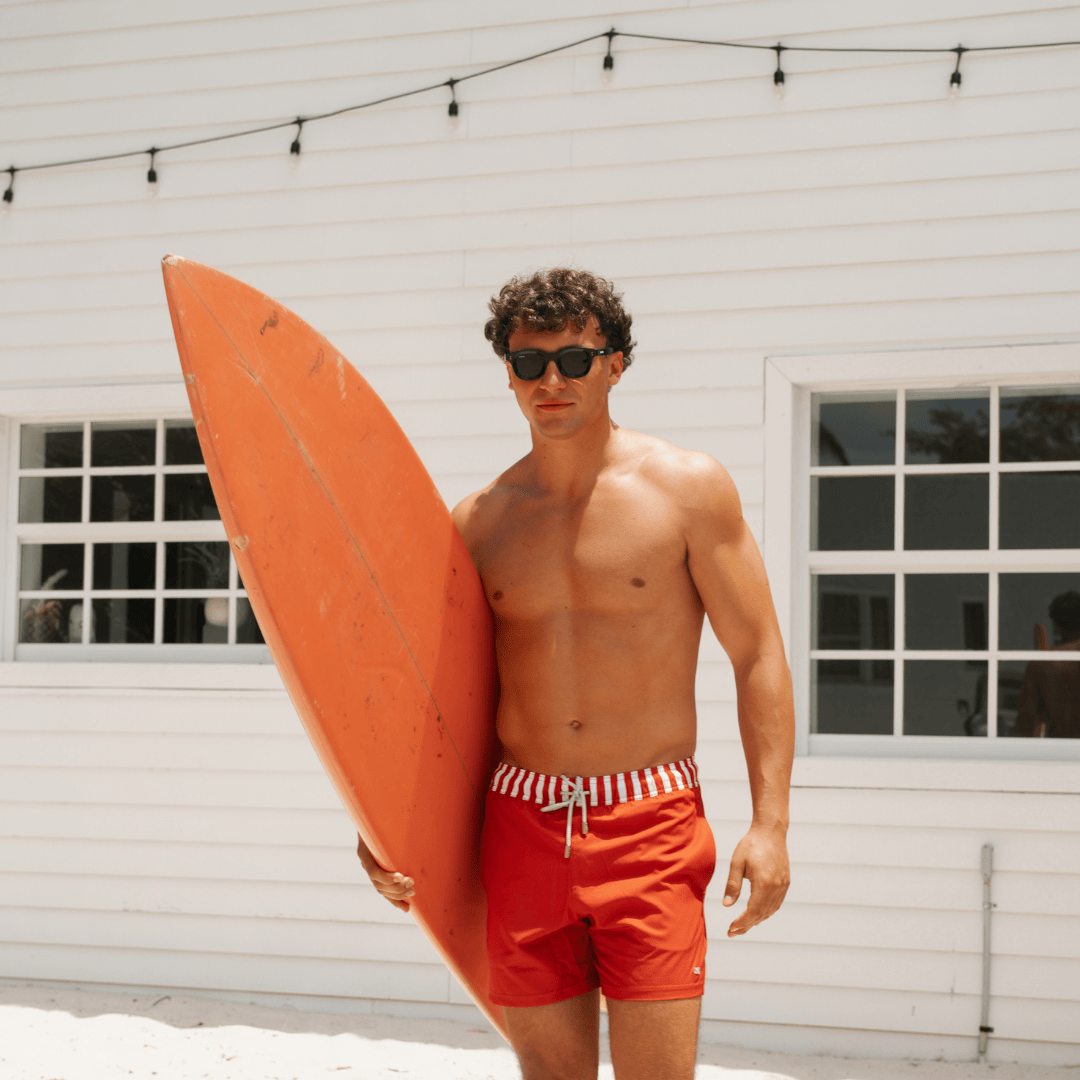 Le Club Apparel & Accessories > Clothing > Shorts 5.5 Inches / Small Red Arlequin Print Men's Swim Trunk Board Shorts Le Club Original Red Arlequin Men's Swim Trunk Board Shorts 