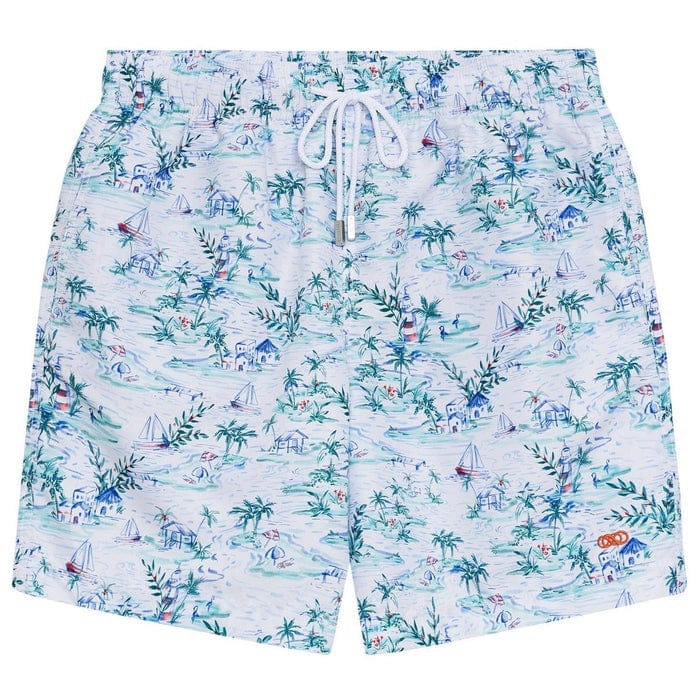 Le Club Apparel & Accessories > Clothing > Shorts 5.5 Inches / Small White Retreat Hawaiian Print Men's Swim Trunk Board Shorts 2024 White Hawaiian Print Men's Swim Trunk | Le Club Original