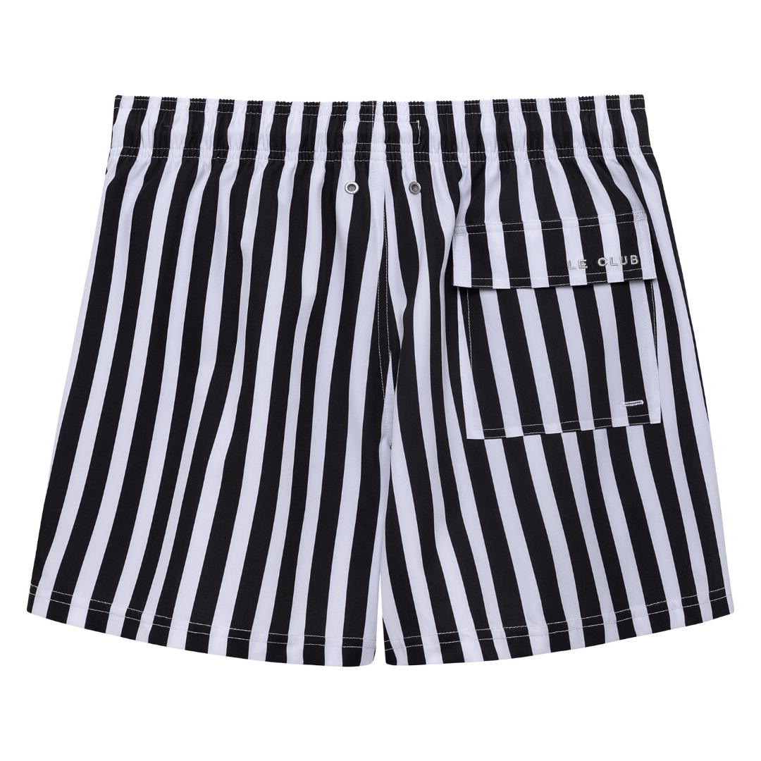Le Club Apparel & Accessories > Clothing > Shorts Black & White Classic Stripes Men's Swim Trunk Board Shorts Black & White Stripe Men's Swim Trunk Board Shorts | Le Club 