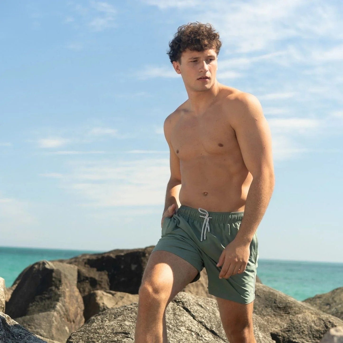 Le Club Apparel & Accessories > Clothing > Shorts Green Olive Band Men's Swim Trunk Board Shorts Green Olive Band Print Men's Swim Trunk | Le Club Original