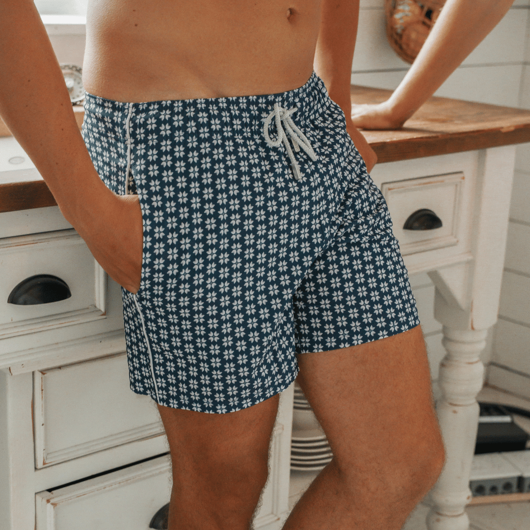 Le Club Apparel & Accessories > Clothing > Shorts Hidden Flowers Blue Men's Swim Trunk Board Shorts Le Club Hidden Flowers Blue Men's Swim Trunk Board Shorts