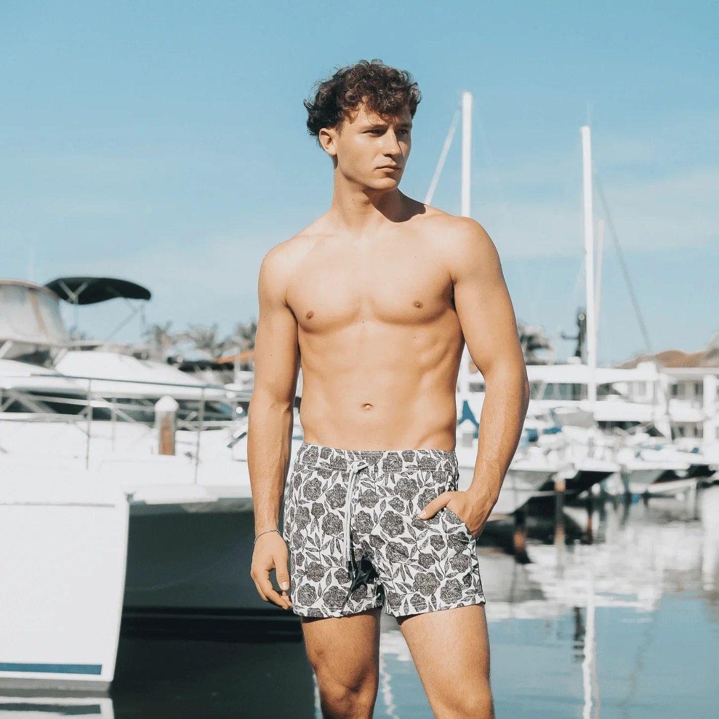 Le Club Apparel & Accessories > Clothing > Shorts White & Black Oasis Floral Print Men's Swim Trunk Board Shorts Le Club Oasis Black & White Floral Men's Swim Trunk Shorts