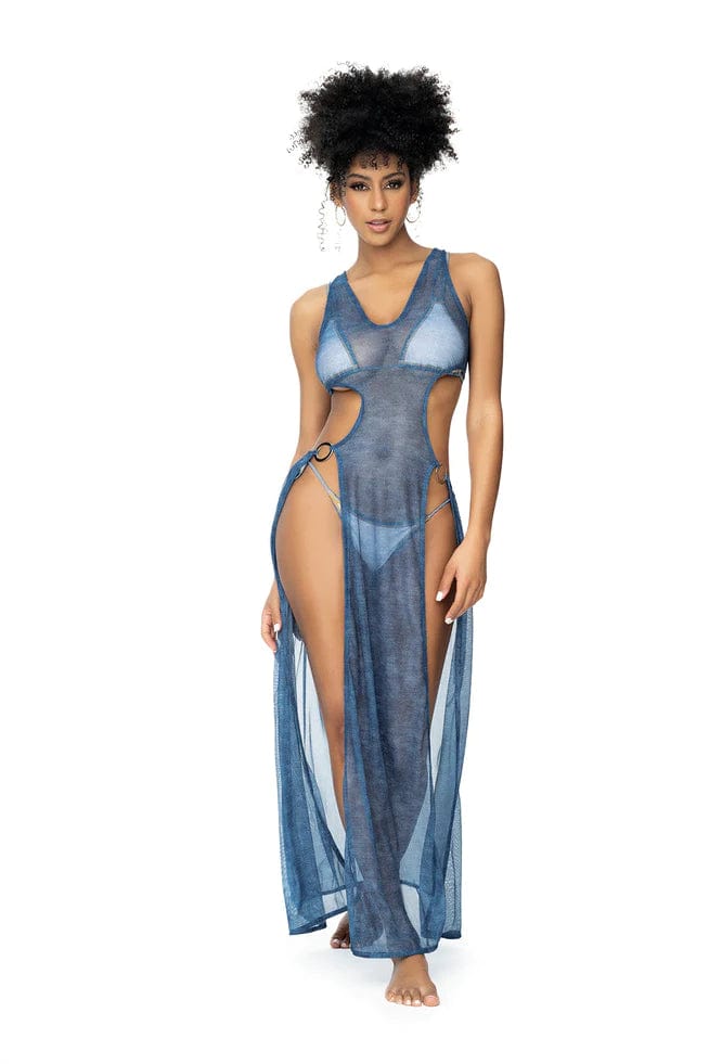 Mapale Apparel & Accessories > Clothing > Dresses Blue / S/M Blue Chambray Printed Mesh Flowy Cover Up Beach Dress w/ Ring Details 2024 Blue Chambray Printed Long Mesh Bikini Cover Up Beach Dress