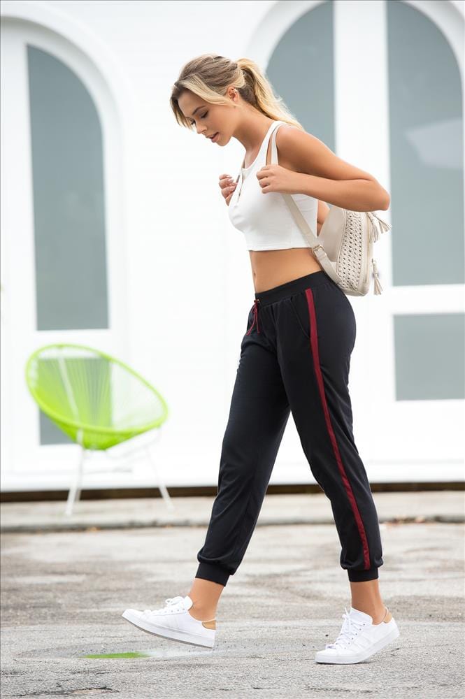 Mapale Apparel & Accessories > Clothing > One Pieces > Jumpsuits & Rompers Black / Medium Black w/ Burgundy Side Stripe Athletic Jogging Sweat Pants Black Athletic Jogging Pant & Burgundy Side Stripe | MAPALE 1904