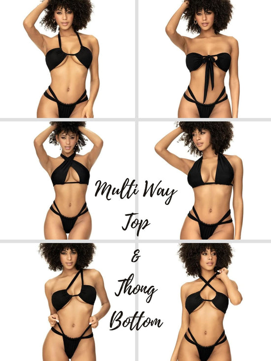 Mapale Apparel & Accessories > Clothing > Swimwear Black / S/M Black Multi-Way Top & Strappy Thong Bottom Bikini Swimsuit 2024 Sexy Black Multi-Way Top G-String Thong Bikini Swimsuit