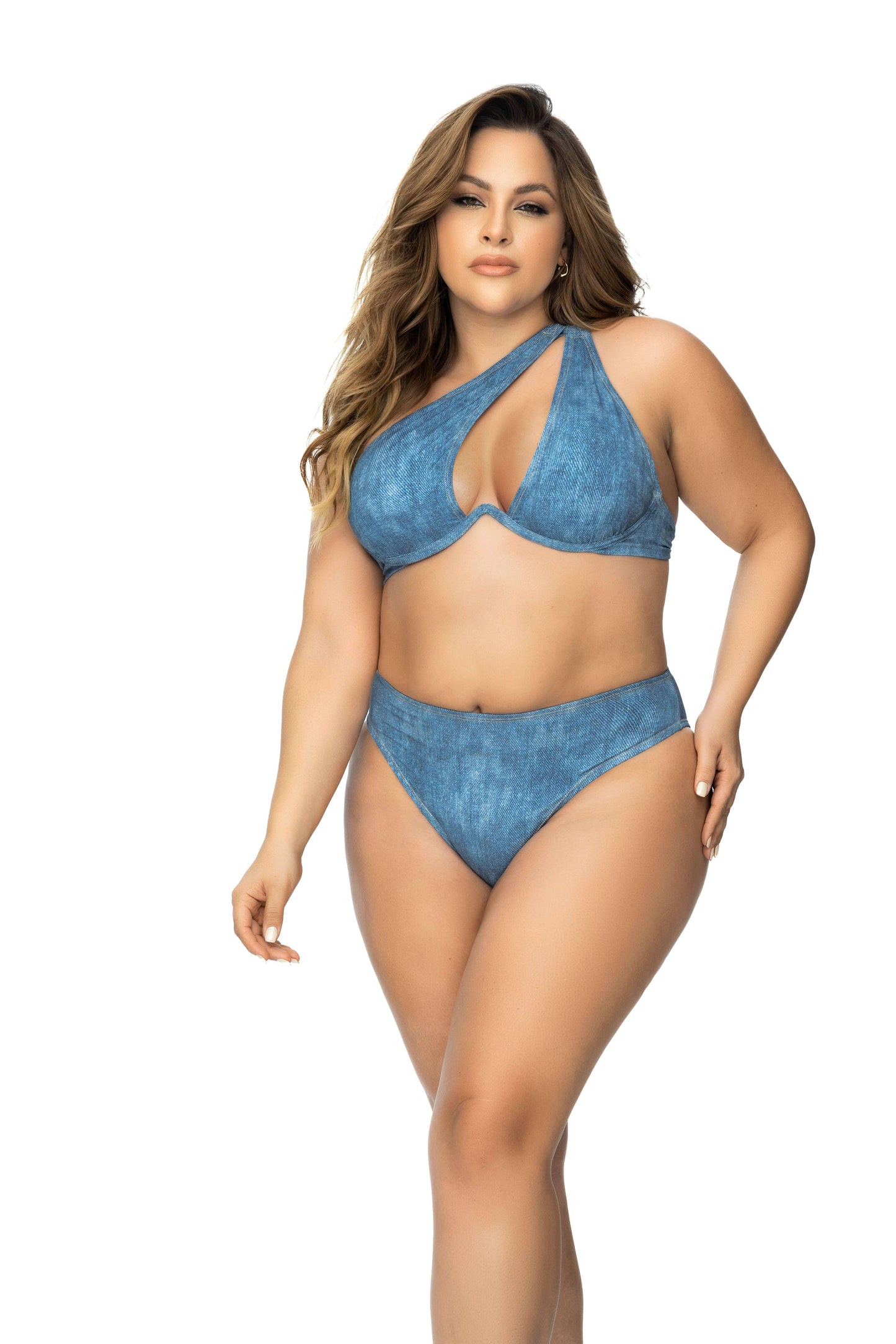 2024 Sexy Plus Size Blue Denim Underwire Top & High Waist Bikini