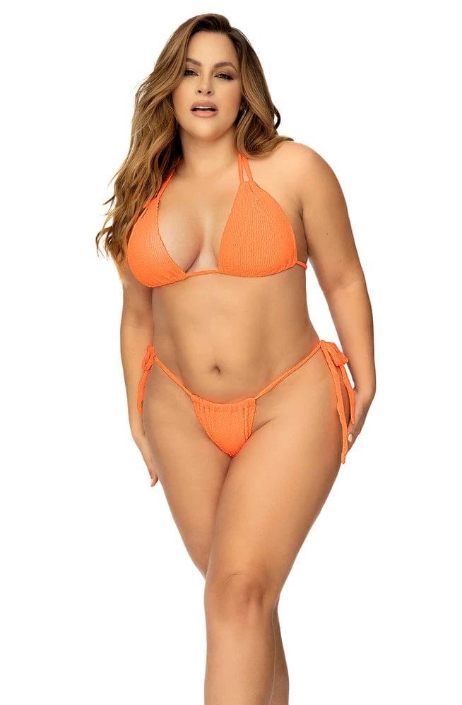 Mapale Apparel & Accessories > Clothing > Swimwear Orange / 1/2X Plus Size Orange Textured Rib Fabric Multi-Way Top & Tie Side Cheeky Bikini Swimsuit 2024 Sexy Plus Size Orange Ribbed Triangle Cheeky Bikini Swimsuit