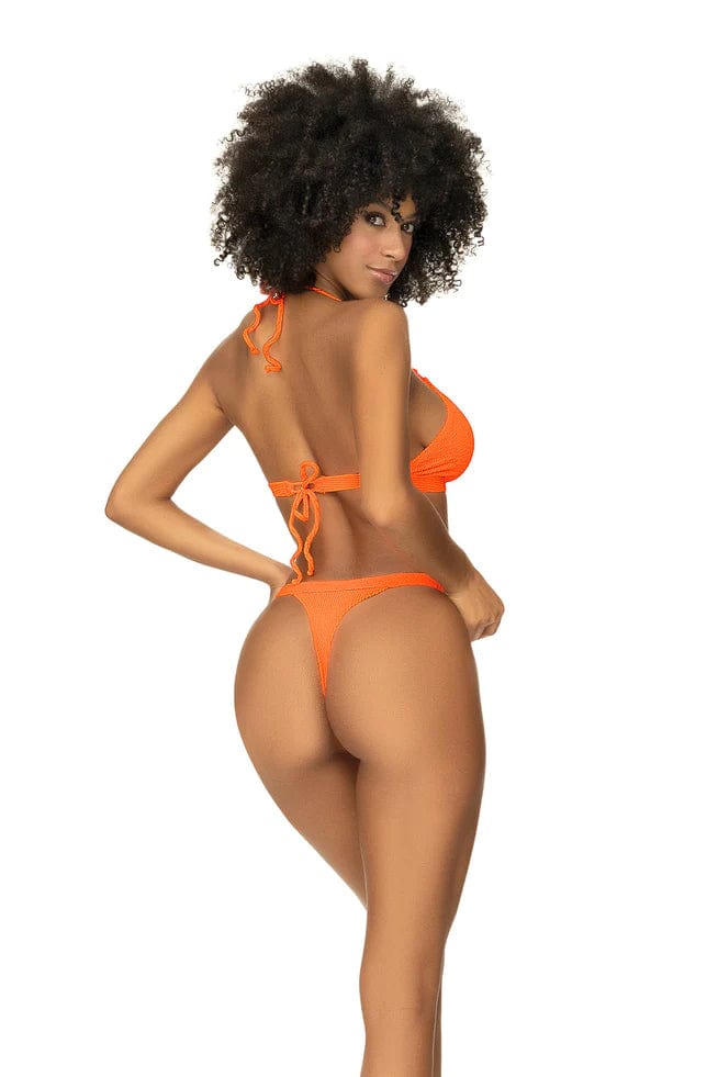 Mapale Apparel & Accessories > Clothing > Swimwear Orange Ribbed Texture Halter Top & High Cut Thong Bottom Bikini Swimsuit 2024 Sexy Hot Orange Halter Top & G-string Thong Bikini Swimsuit
