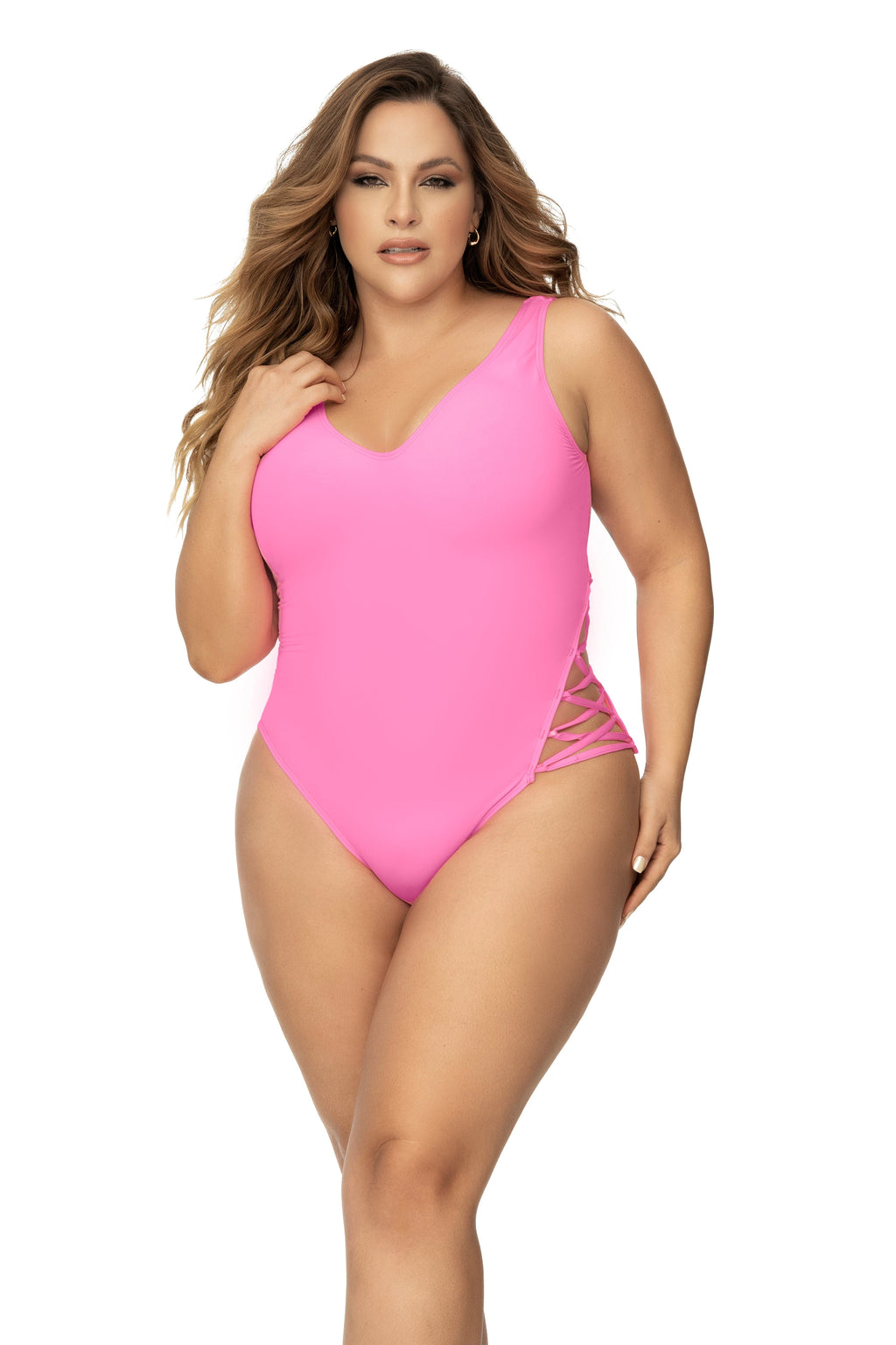 2024 Sexy Plus Size Pink LaceUp One Piece Curvy Swimsuit