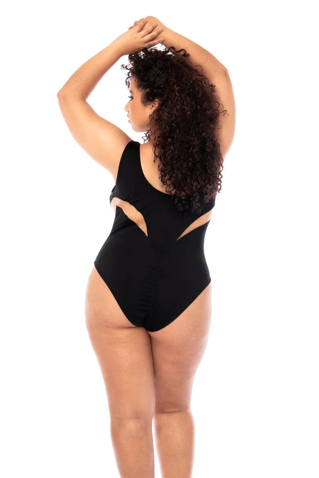 Mapale Apparel & Accessories > Clothing > Swimwear Plus Size Black Sheer Mesh Cut-Out Moderate Coverage One Piece Swimsuit 2024 Sexy Black Sheer Mesh Cut-Out Plus Size One Piece Swimsuit