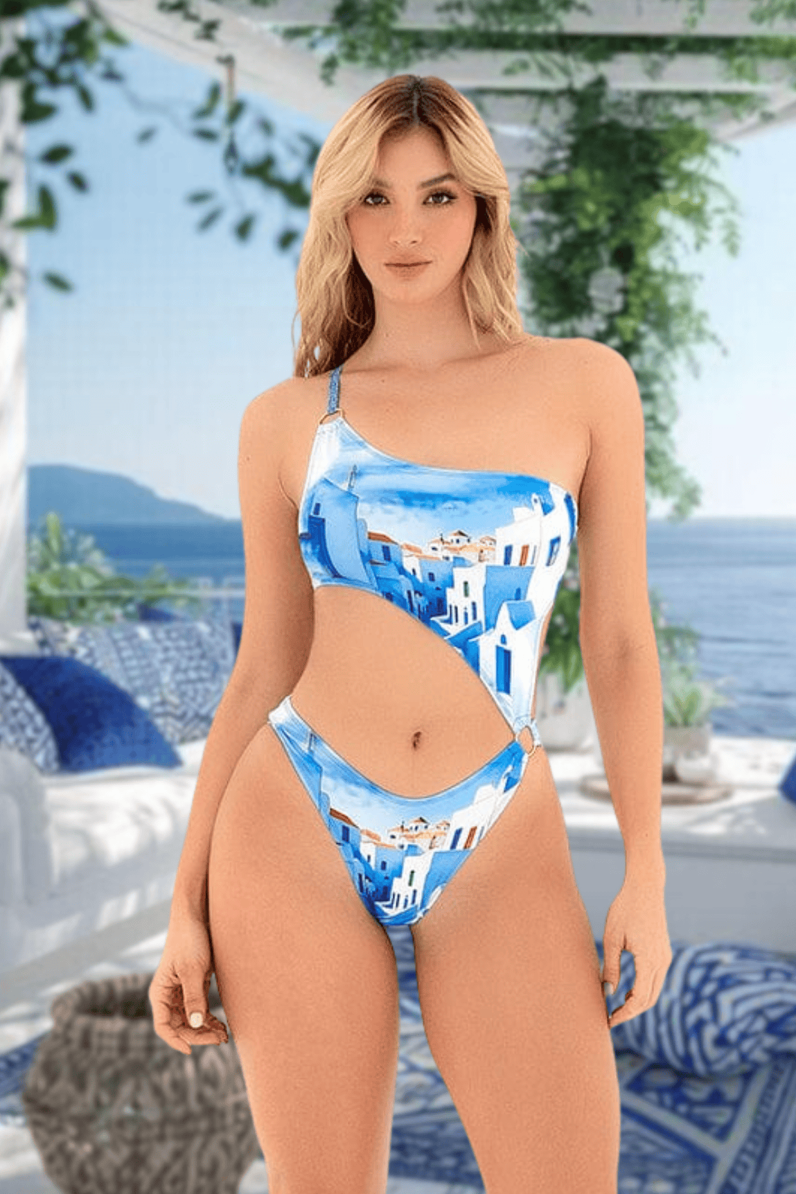 Mapale Apparel & Accessories > Clothing > Swimwear Print / S/M Blue Santorini One-Shoulder Asymmetric Cutout High-Leg Cheeky Monokini One Piece Swimsuit Blue One-Shoulder Asymmetric Cheeky Monokini One Piece Swimsuit