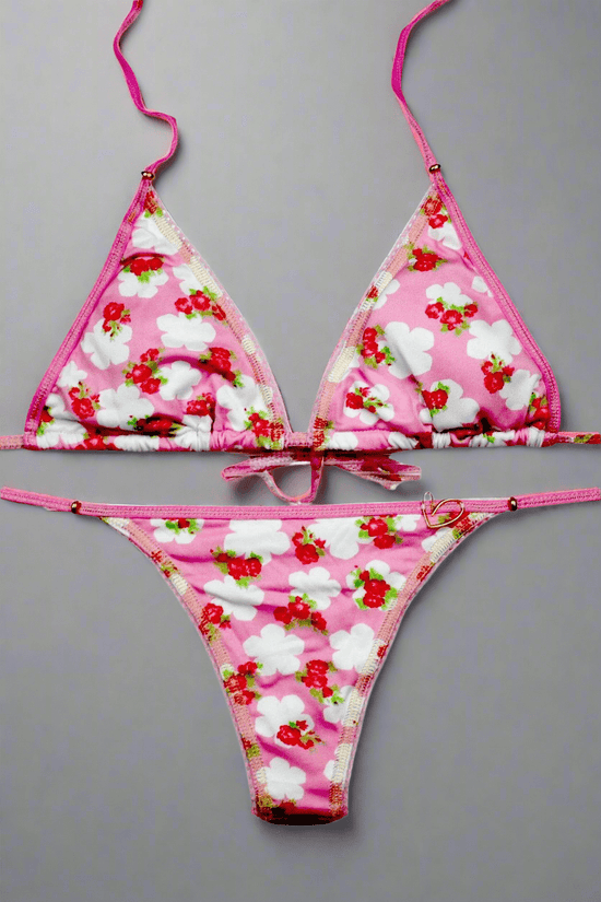 Montoya Apparel & Accessories > Clothing > Swimwear Print / One Size Montoya Swim Pink Floral Brasilerita Triangle Top & Micro Thong Bottom Bikini Swimsuit Sexy Pink Floral Triangle Top & Micro Thong Bottom Swimsuit