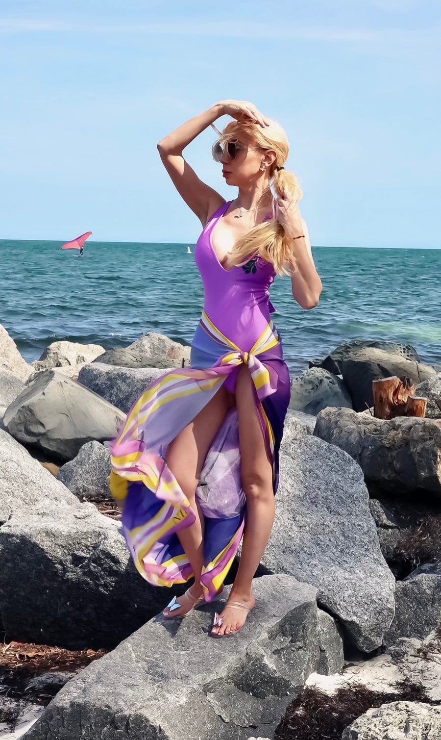 OlgaNikoza Apparel & Accessories > Clothing > Skirts Print / One Size Goddess in Lilac Silk Pareo Beach Resort Swimsuit Cover-Up Goddess in Lilac Silk Pareo Beach Resort Swimsuit Cover-Up