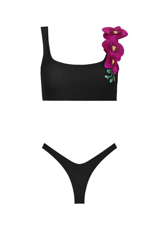 OlgaNikoza Black / Extra Small Black 3D Orchids Of Biscayne Seamless Top & V-shape Bikini Bottom Set Black 3D Orchids Of Biscayne Seamless Top & V-shape Bikini Bottom Set