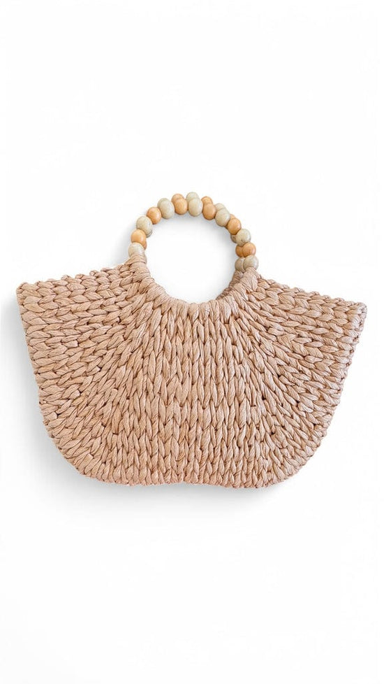 OlgaNikoza Luggage & Bags Brown Brown Woven Straw Tote Bag w/ Wooden Beads By Nikoza Collection Brown Woven Straw Tote Bag w/ Wooden Beads Nikoza Collection