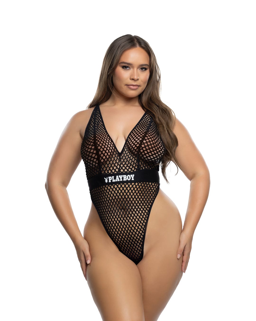 Roma Swimwear Apparel & Accessories > Clothing > Swimwear Black / 1X/2X Black Playboy Bunny Erotic Fishnet Deep Plunge High Cut Leg Thong One Piece Swimsuit Black Playboy Bunny Fishnet Deep Plunge High Leg Thong Swimsuit