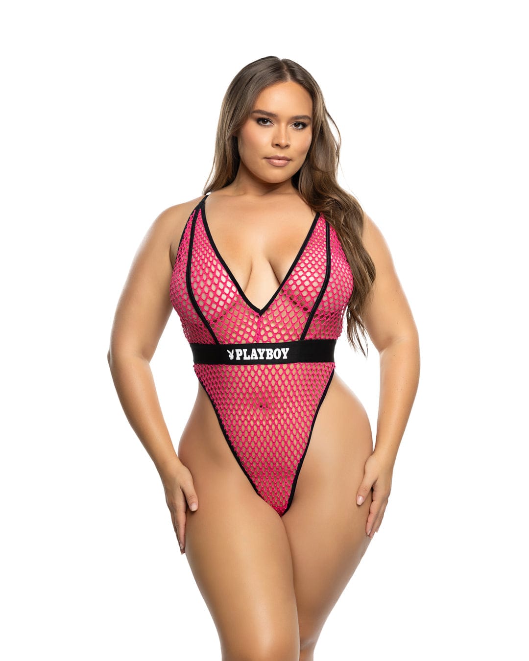 Roma Swimwear Apparel & Accessories > Clothing > Swimwear Pink / 1X/2X Black Playboy Bunny Erotic Fishnet Deep Plunge High Cut Leg Thong One Piece Swimsuit Black Playboy Bunny Fishnet Deep Plunge High Leg Thong Swimsuit